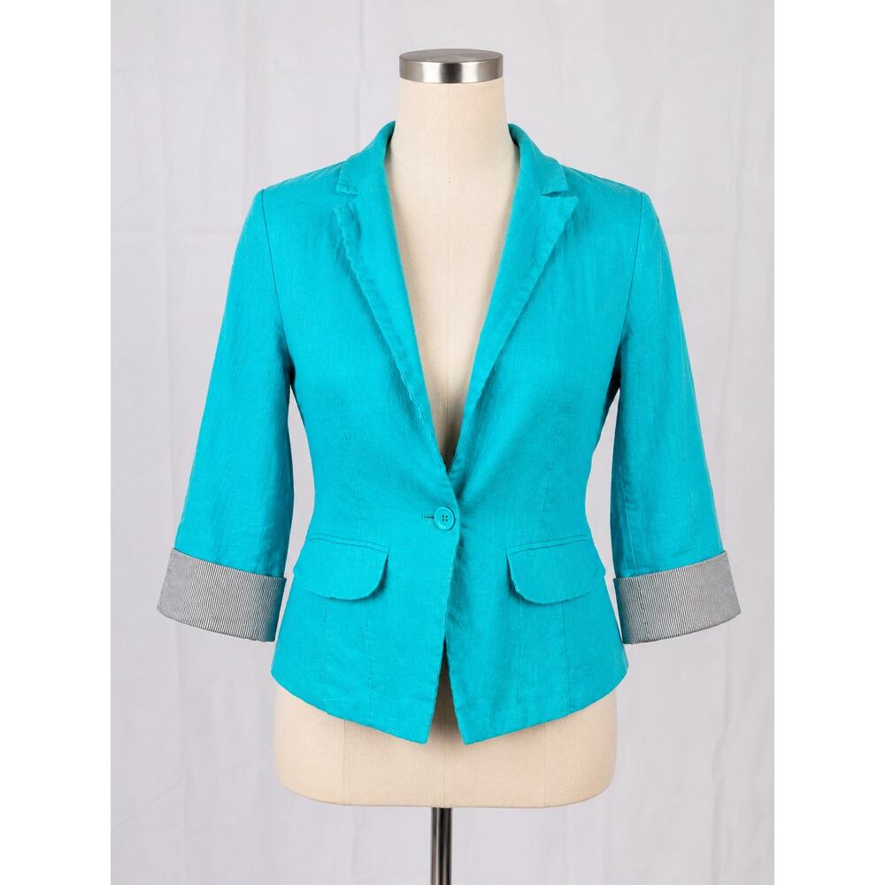Nana USA Turquoise Linen Blend Blazer Jacket Striped Cuff Button Accent Size M